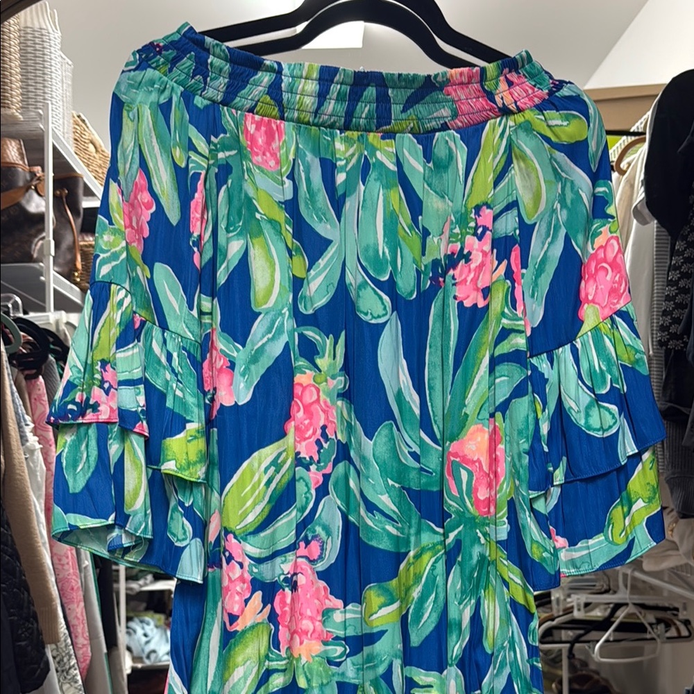 Lilly Pulitzer Blue and Green Ruffled Off-Shoulder Blouse